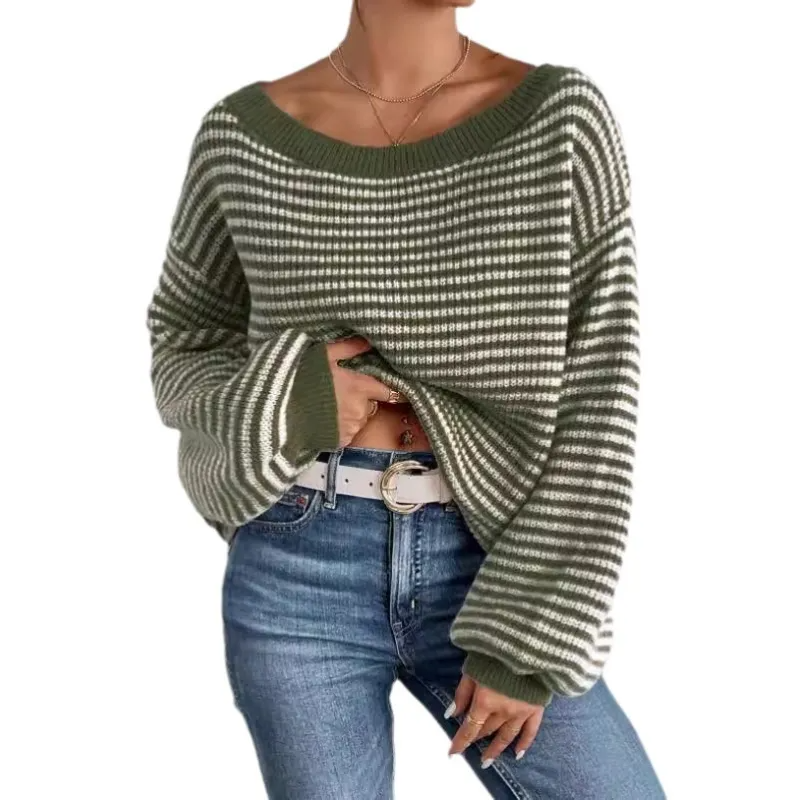 Maglione da donna in maglia a righe con scollo a spalle scoperte