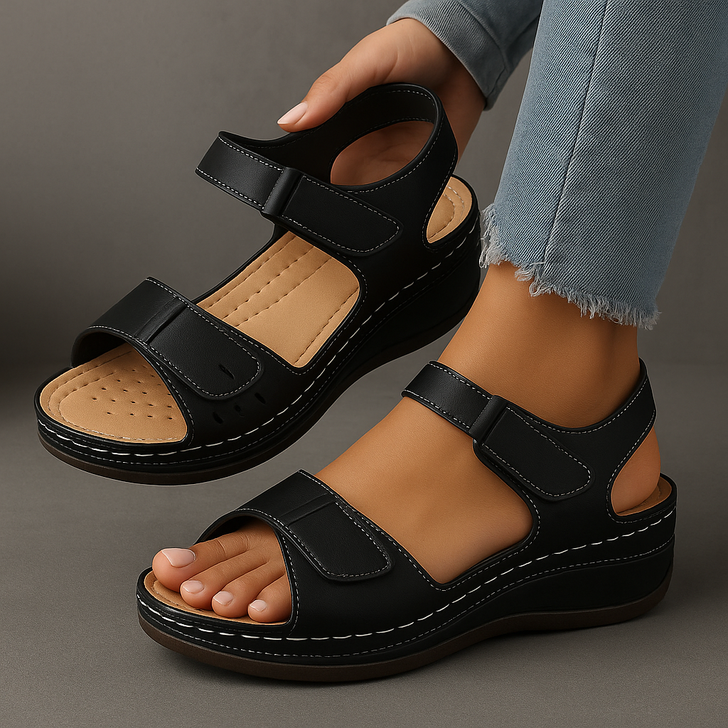 Women's adjustable strap wedge sandals in black