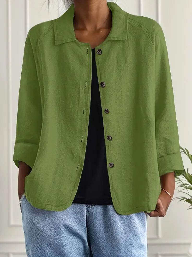 Women's linen-look button front overshirt in green