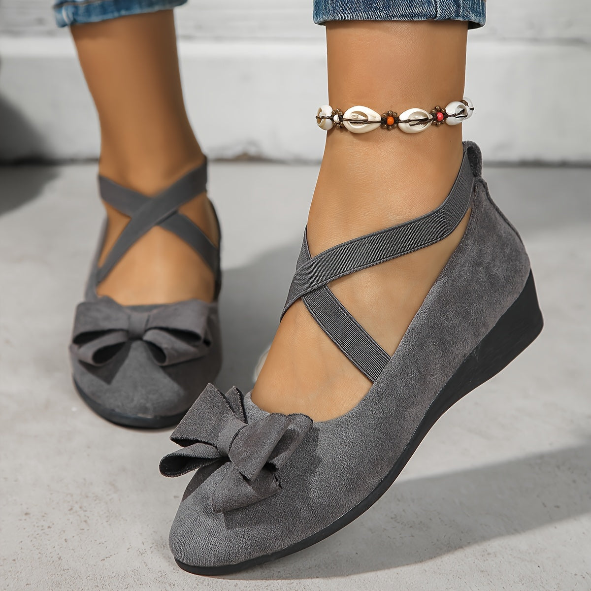 Orlaith - Women's Suede Ballet Flats with Bow Detail