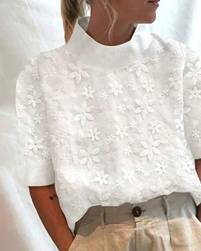 Edwina - Women's Textured Floral Blouse with High Collar - photo 3