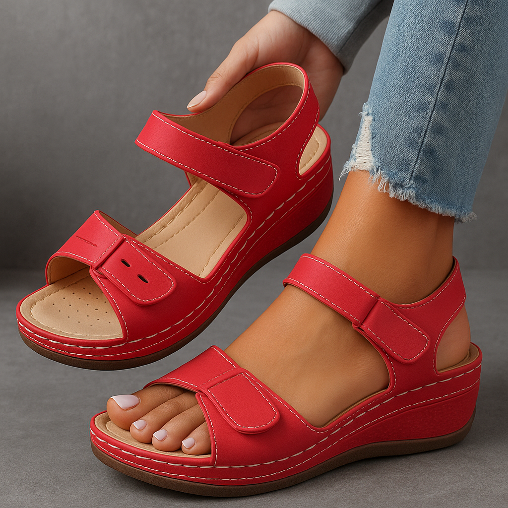 Women's adjustable strap wedge sandals in red