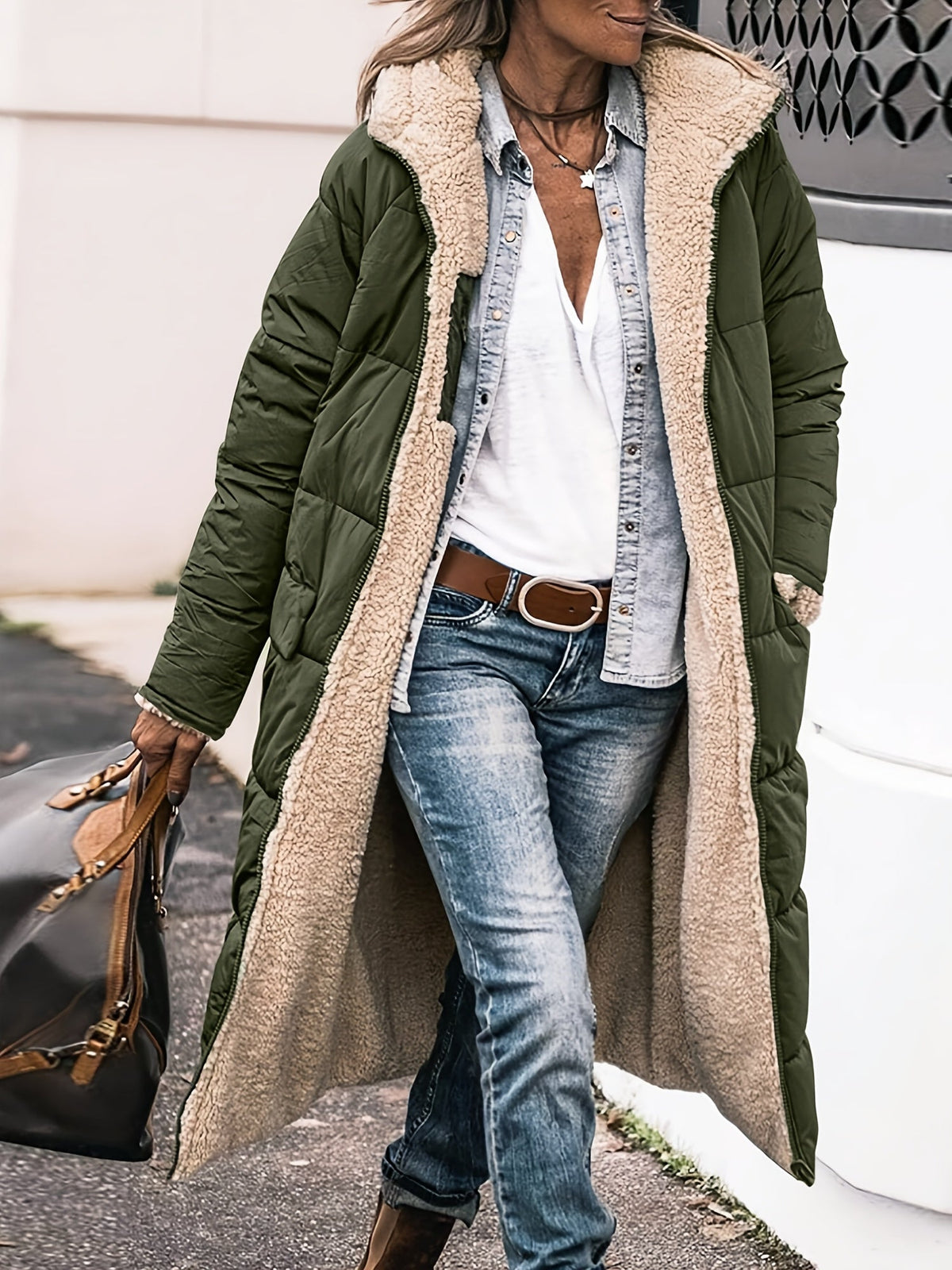 Ellena - Women's Long Open Coat with Teddy Lining in Green