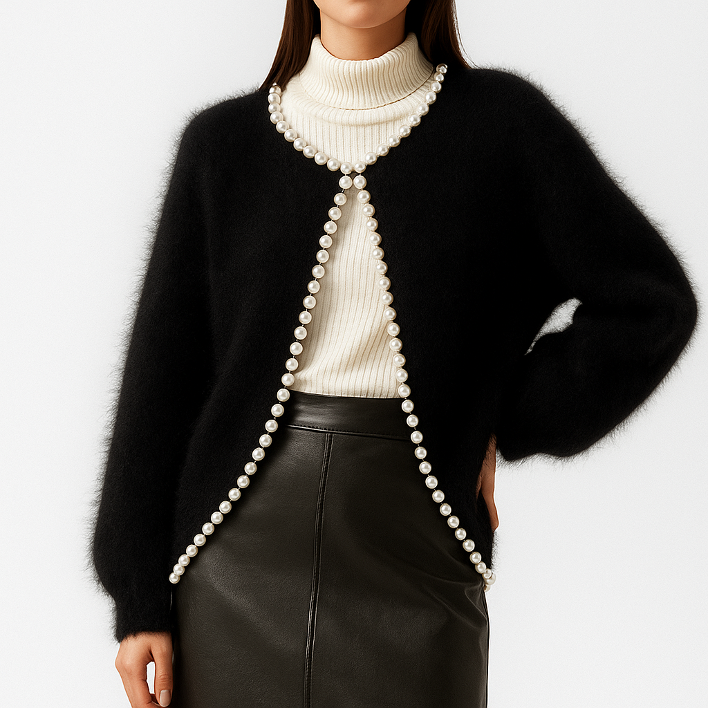 Emberly - Women's Cardigan in Knit with Open Front and Pearl Trim - photo 3