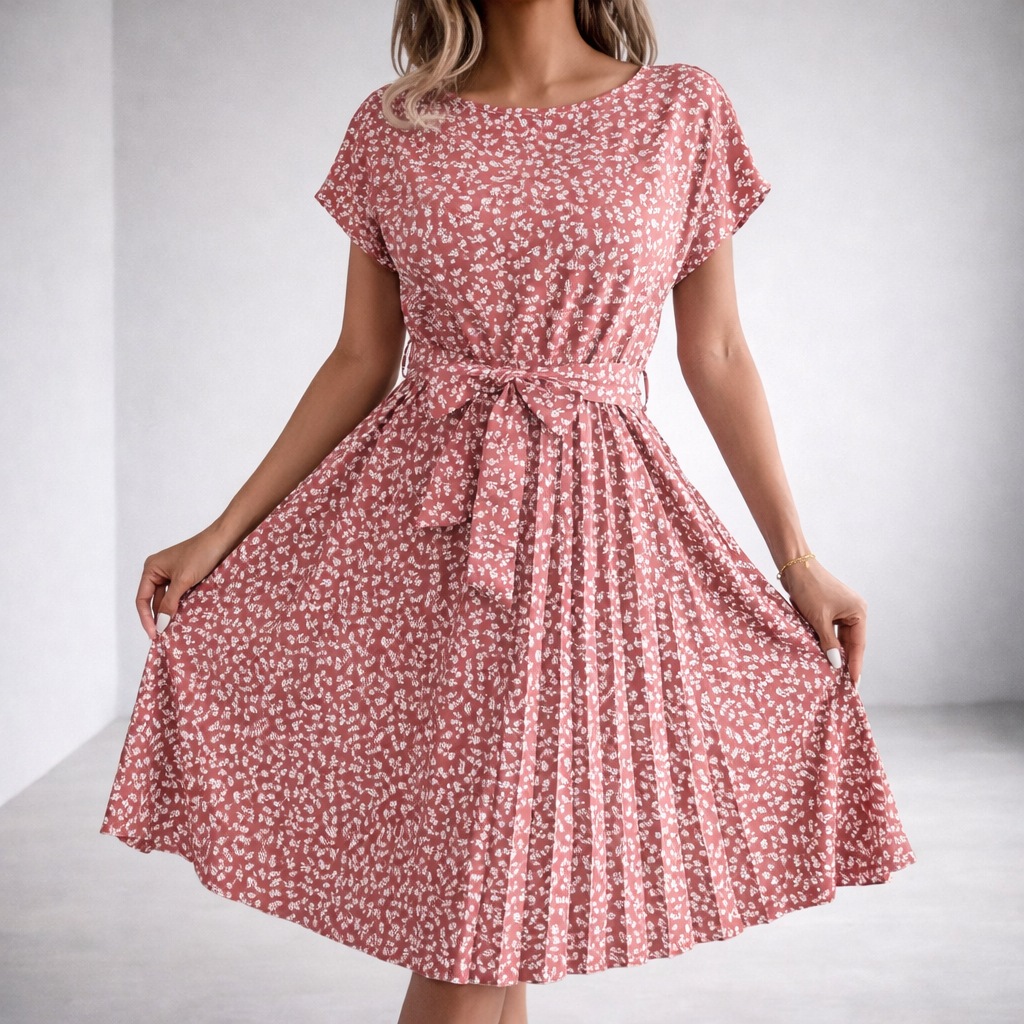Eveline - Women's Ditsy Print Pleated Dress with Tie Belt in Pink
