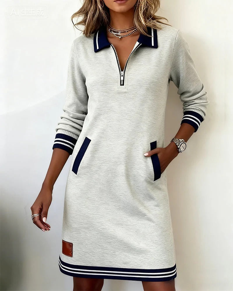 Women's Quarter Zip Midi Dress Striped Trim – Grey