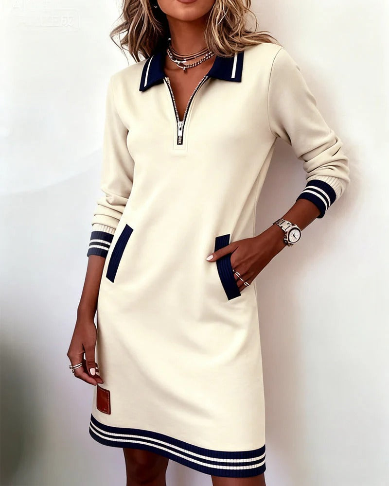 Women's Quarter Zip Midi Dress Striped Trim – White
