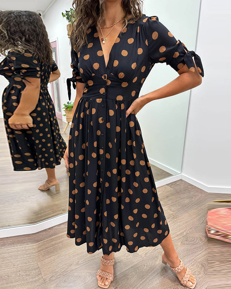 Rachelle - Abito midi svasato da donna a pois con scollo a V