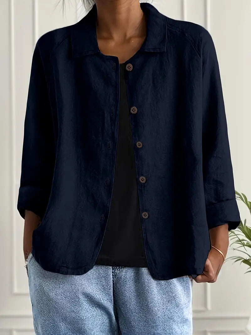 Women's linen-look button front overshirt in navy blue