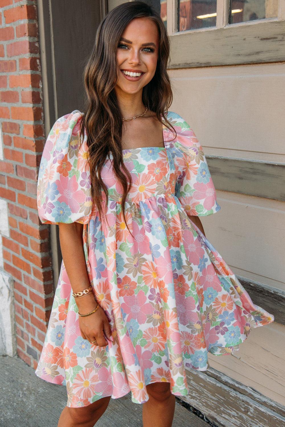 Nina - Women's Floral Puff Sleeve Square Neck Babydoll Dress
