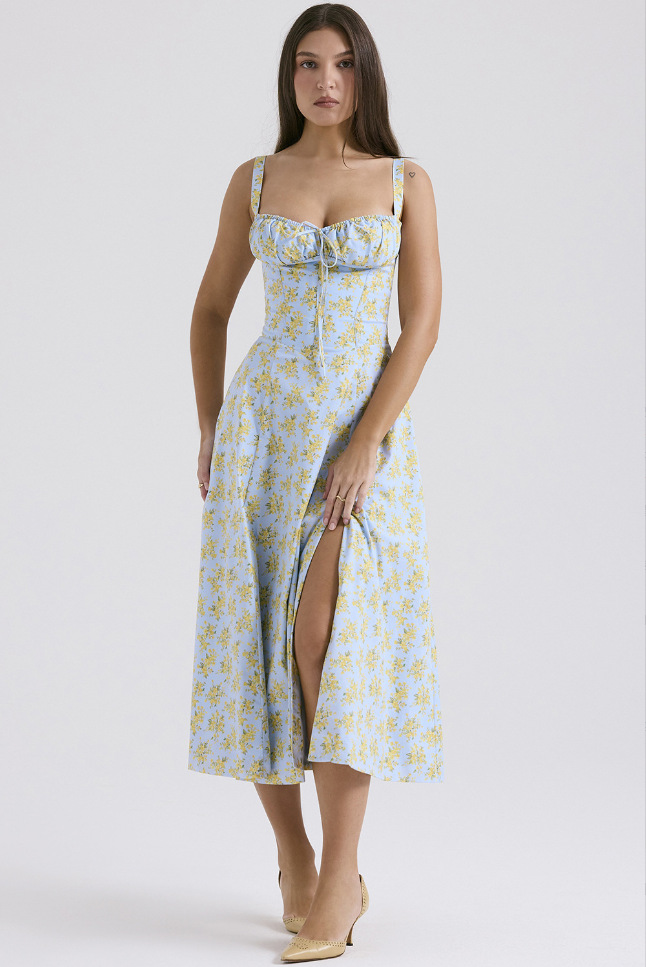 Floral sweetheart midi dress in Blue
