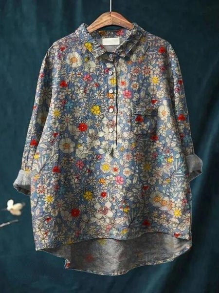 Women's cotton-linen floral shirt, print 3 - blue ditsy