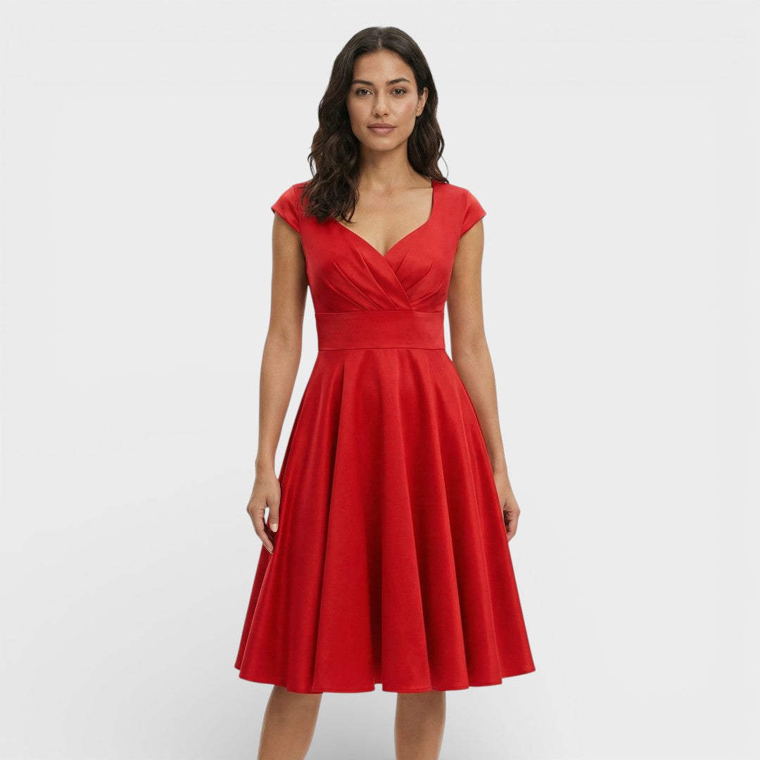 Women's Short Sleeve V Neck Pleated Midi Dress