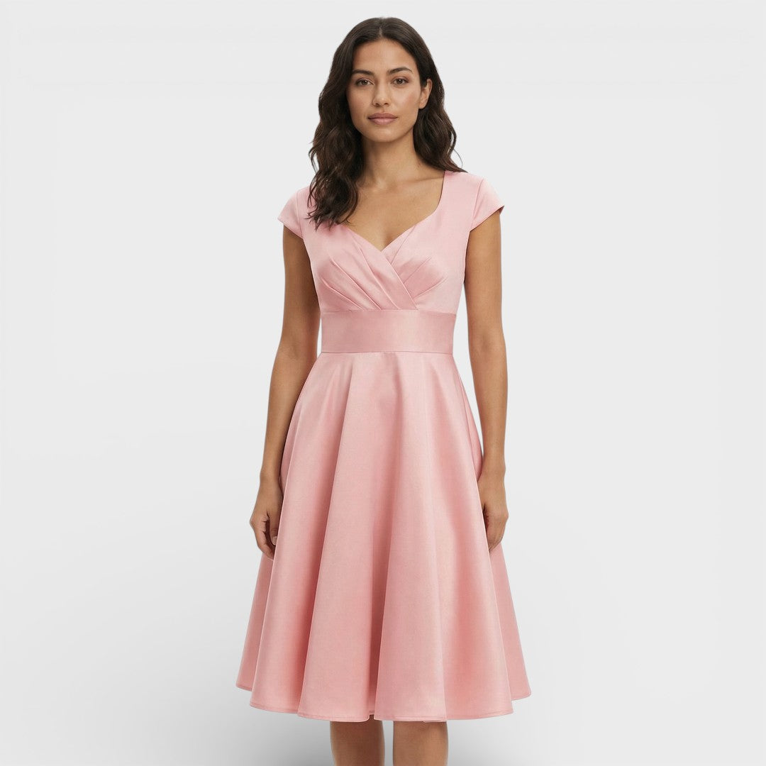 Women's Short Sleeve V Neck Pleated Midi Dress