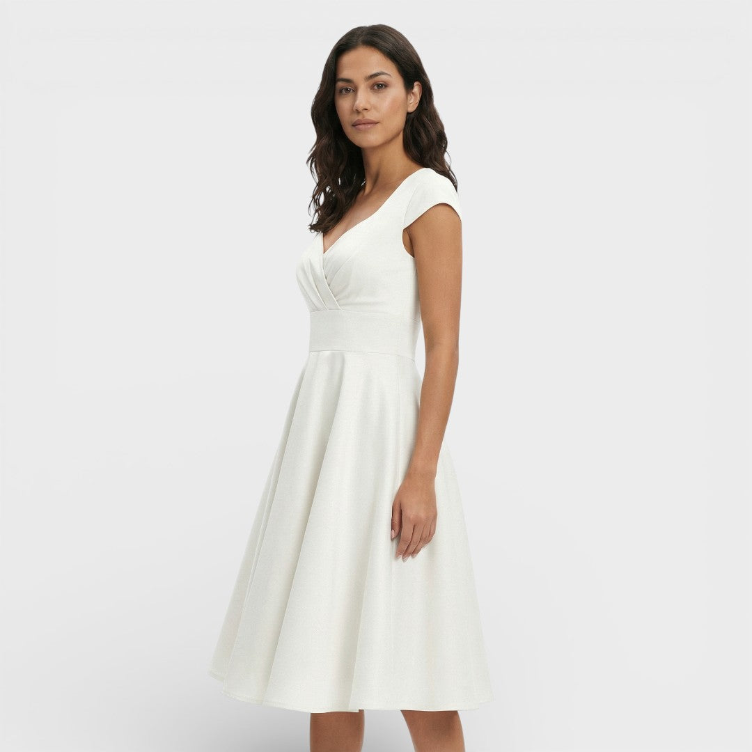 Women's Short Sleeve V Neck Pleated Midi Dress