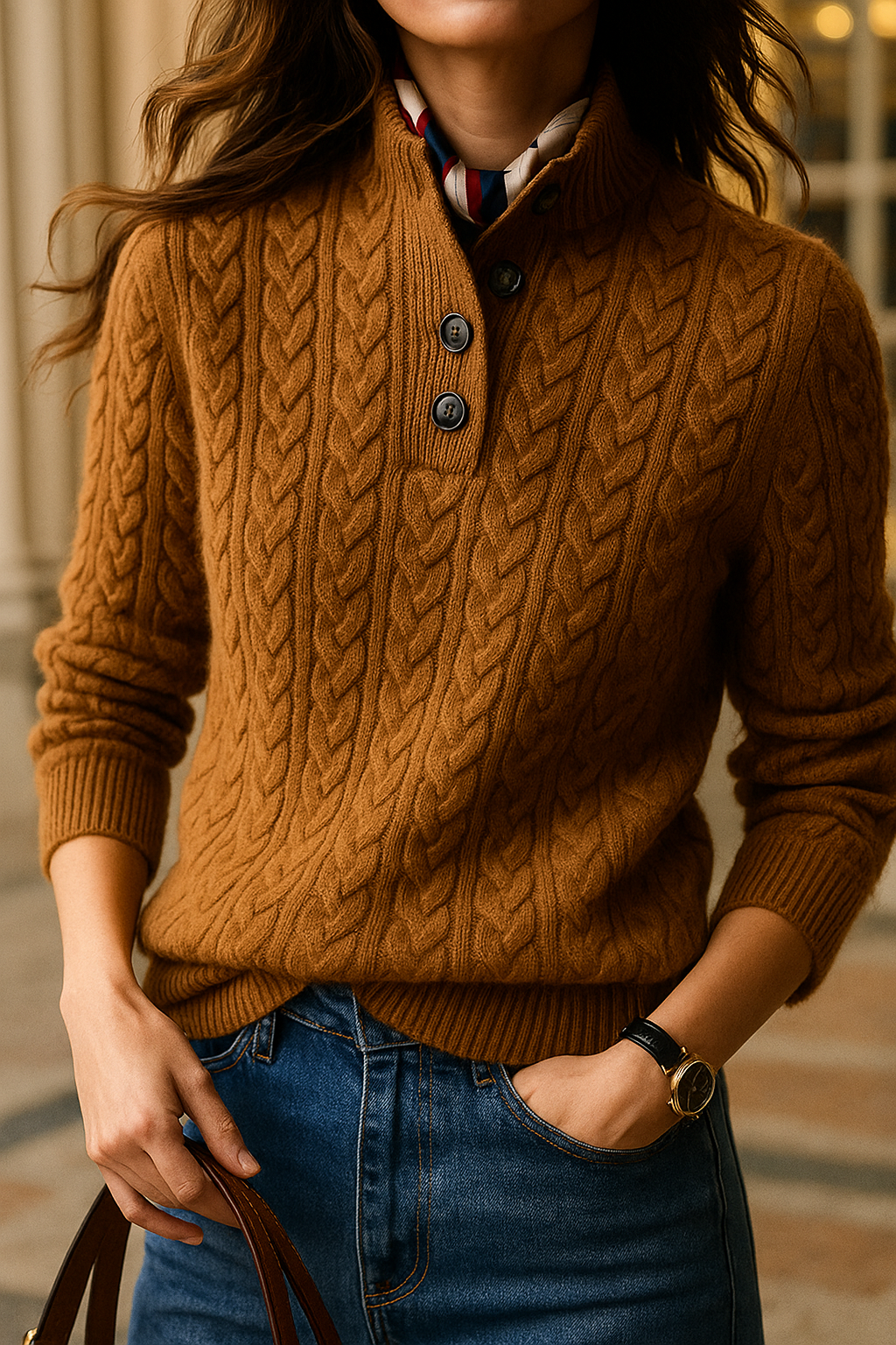 Georgette - Women's Jumper in Cable Knit with Button Front - photo 1