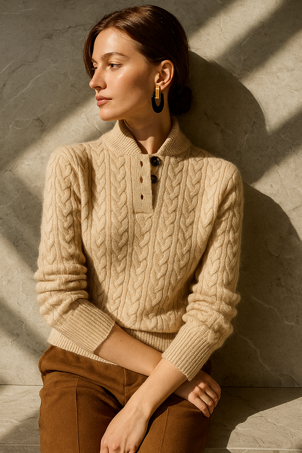 Georgette - Women's Jumper in Cable Knit with Button Front - photo 12