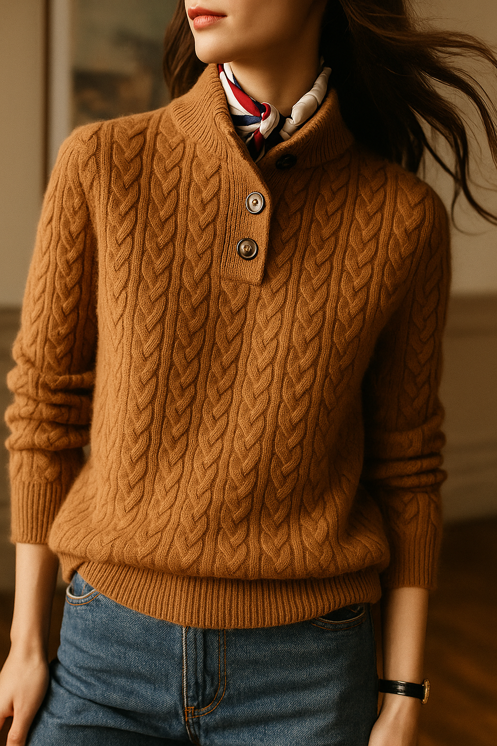 Georgette - Women's Jumper in Cable Knit with Button Front - photo 5