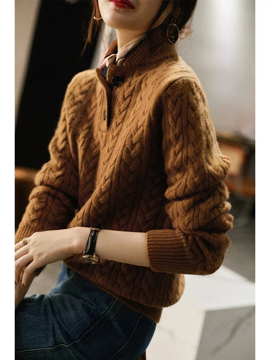 Georgette - Women's Jumper in Cable Knit with Button Front - photo 7