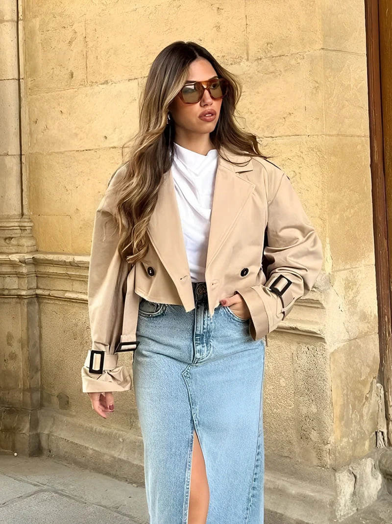 Georgie - Women's Cropped Trench Coat with Button Front - photo 7