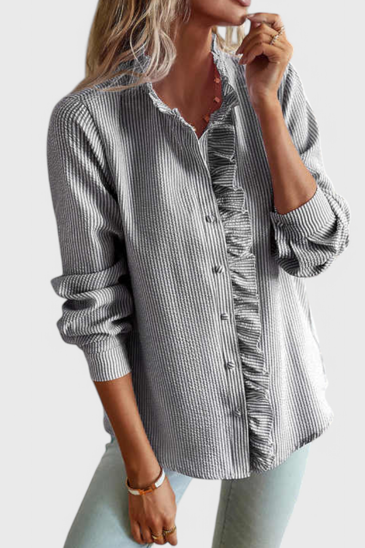 Women's Striped Shirt with Ruffle Placket
