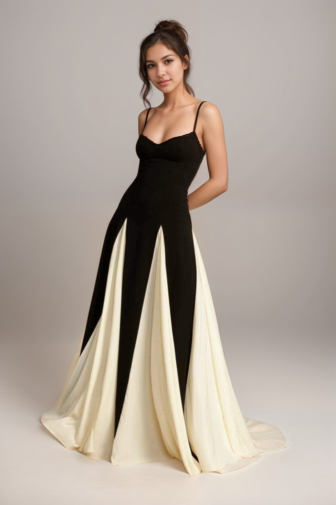 Maris - Women's Timeless Elegance Maxi Gown Black White Satin Blend