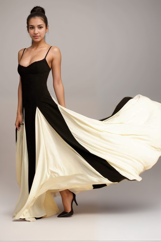 Maris - Women's Timeless Elegance Maxi Gown Black White Satin Blend