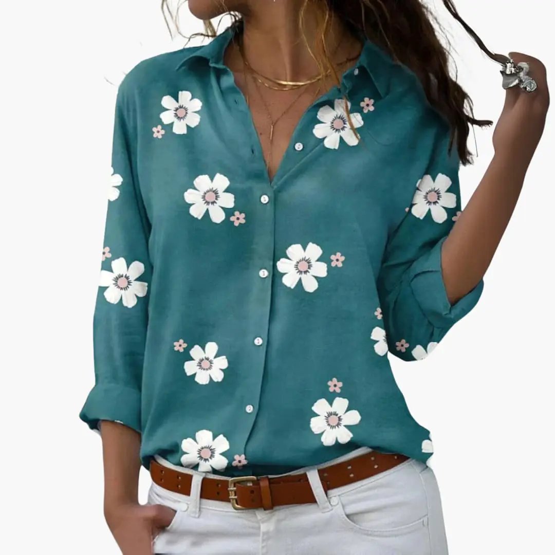 Gwyneth - Women's Daisy Print Button Down Blouse - photo 2