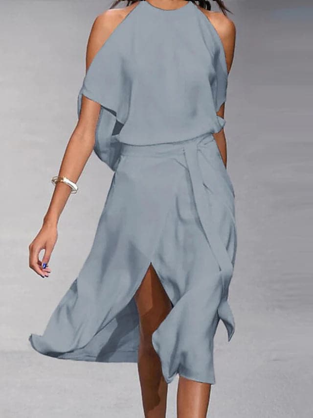 Hallie - Women's Off Shoulder Midi Dress with Fluid Cut - photo 1