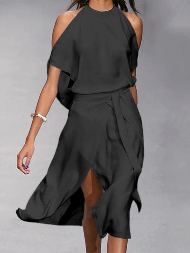 Hallie - Women's Off Shoulder Midi Dress with Fluid Cut - photo 2