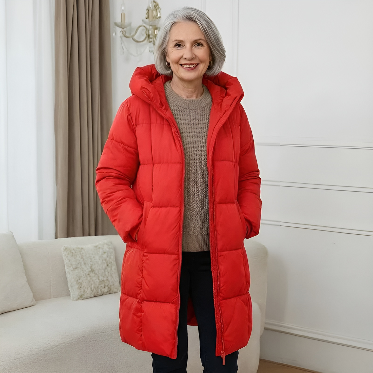 Hanneke - Women's Long Padded Coat with Hood in Red