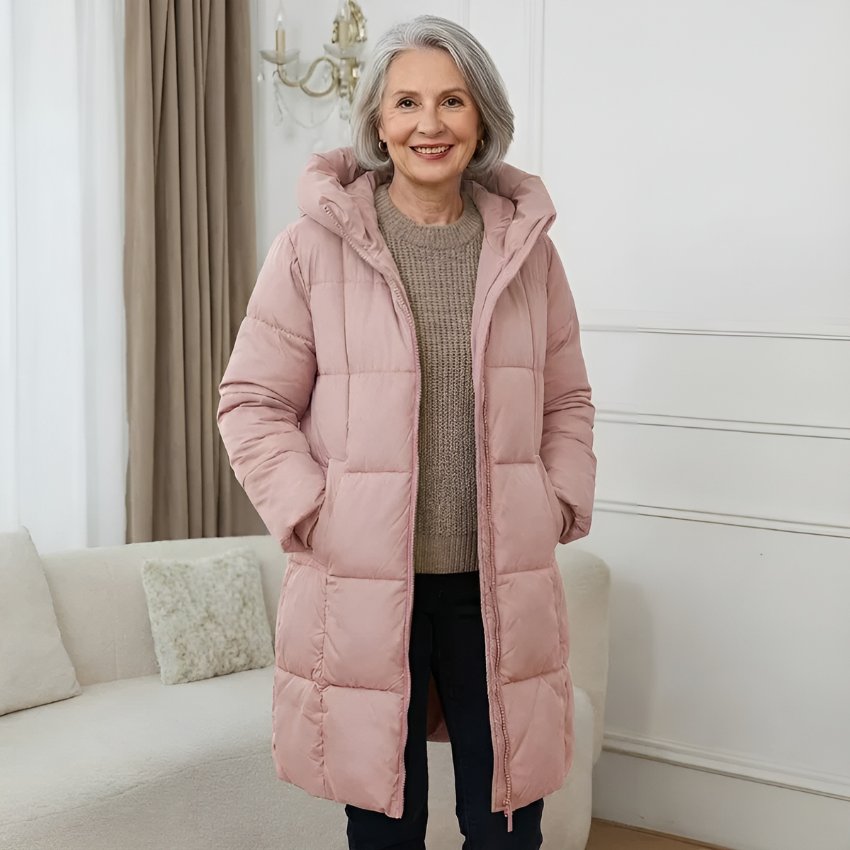 Hanneke - Women's Long Padded Coat with Hood in Pale Pink