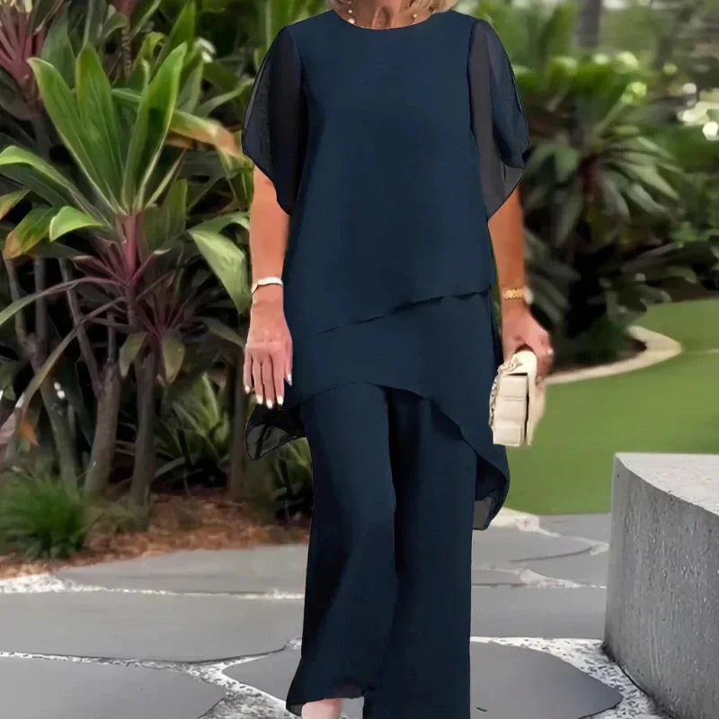 Herlene - Women's Asymmetric Top and Wide-Leg Trouser Set in Navy Blue