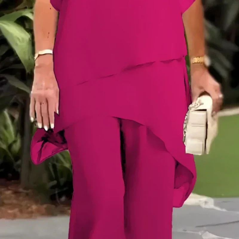 Herlene - Women's Asymmetric Top and Wide-Leg Trouser Set