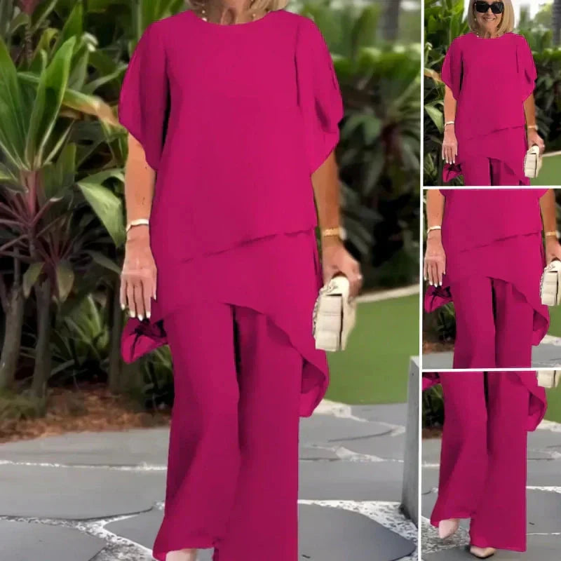 Herlene - Women's Asymmetric Top and Wide-Leg Trouser Set