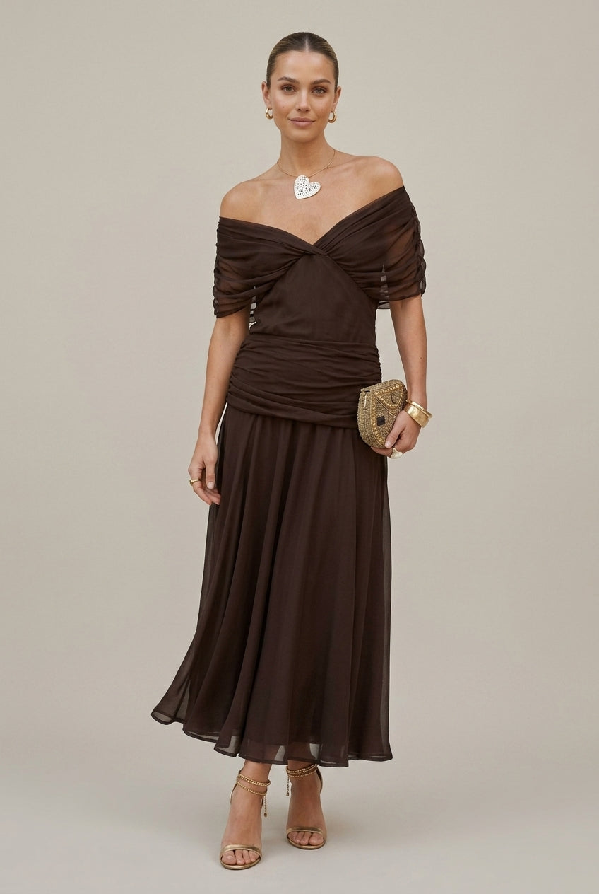 Women's Wedding Guest Off Shoulder Wrap Maxi Dress in Brown