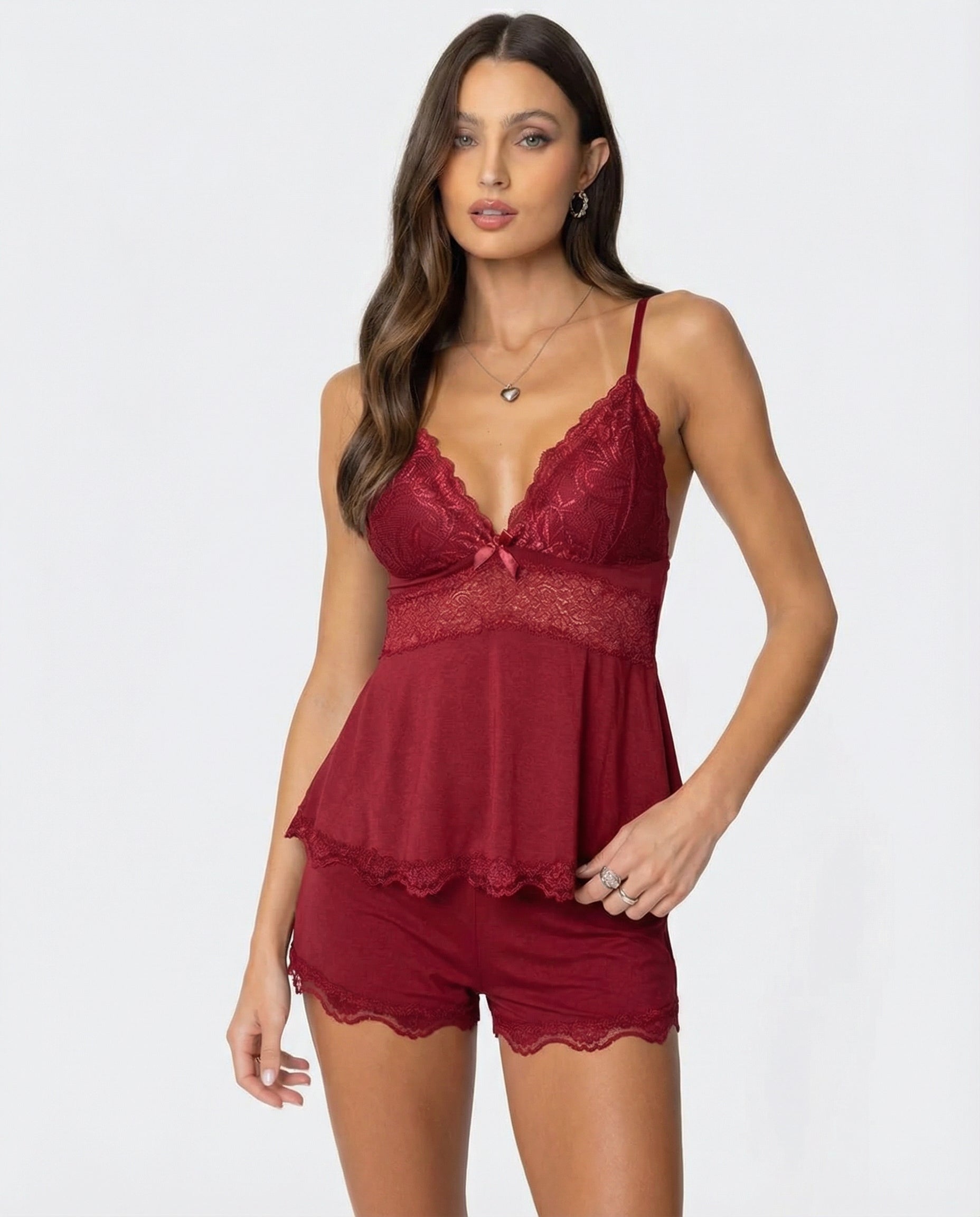 Women's lace trim cami and shorts pyjama set in burgundy