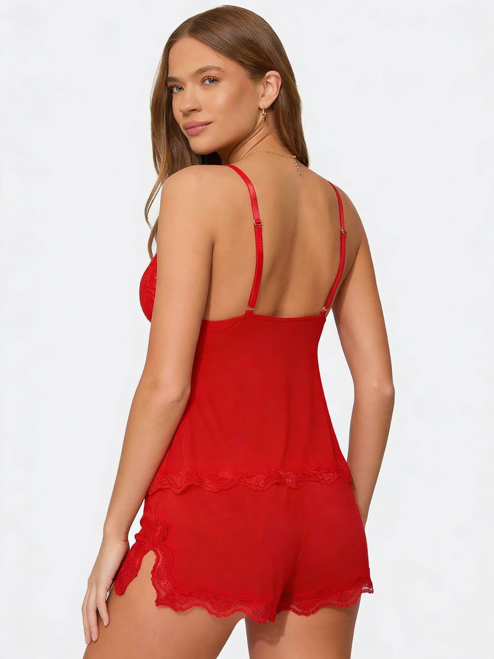 Pijama de mujer de dos piezas: top de tirantes con encaje y short