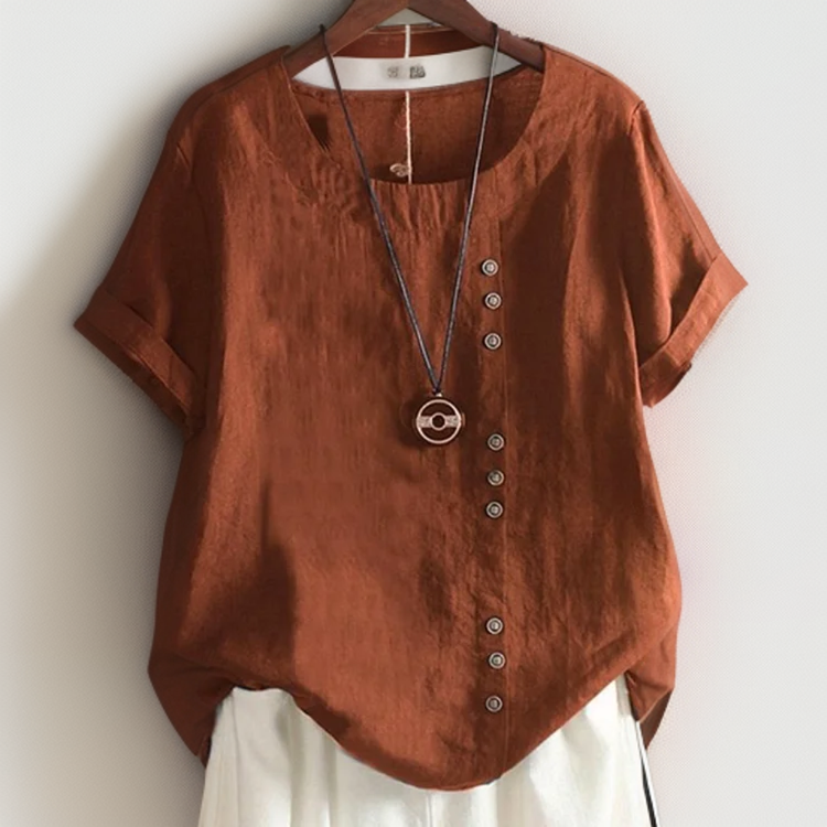Mila - Women's Round Neck T-Shirt with Decorative Buttons | Plus Size Available