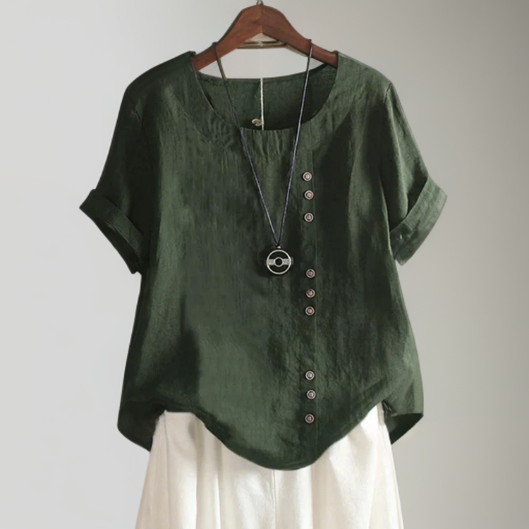 Mila - Women's Round Neck T-Shirt with Decorative Buttons | Plus Size Available