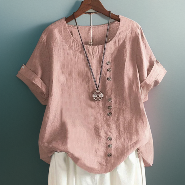 Mila - Women's Round Neck T-Shirt with Decorative Buttons | Plus Size Available