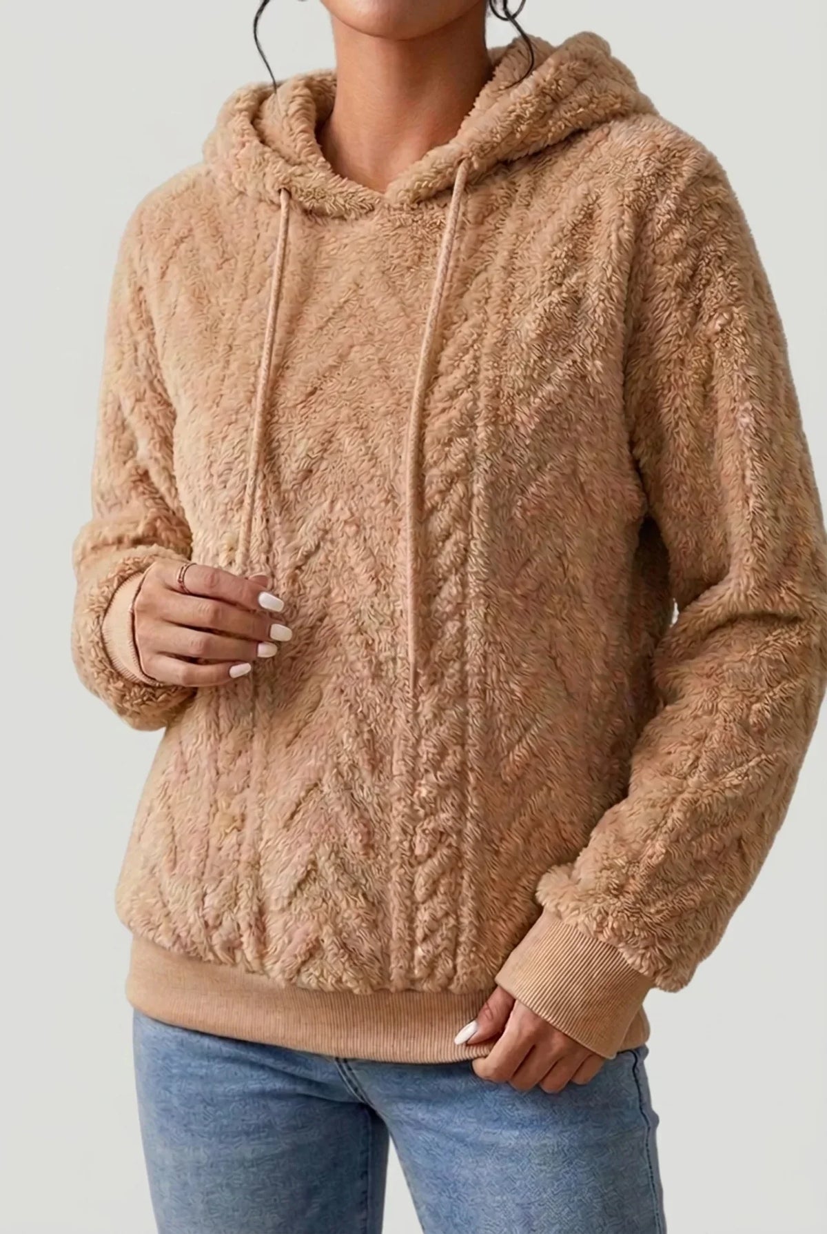 Friedel - Women's Cable Knit Hoodie with Drawstring – Brown