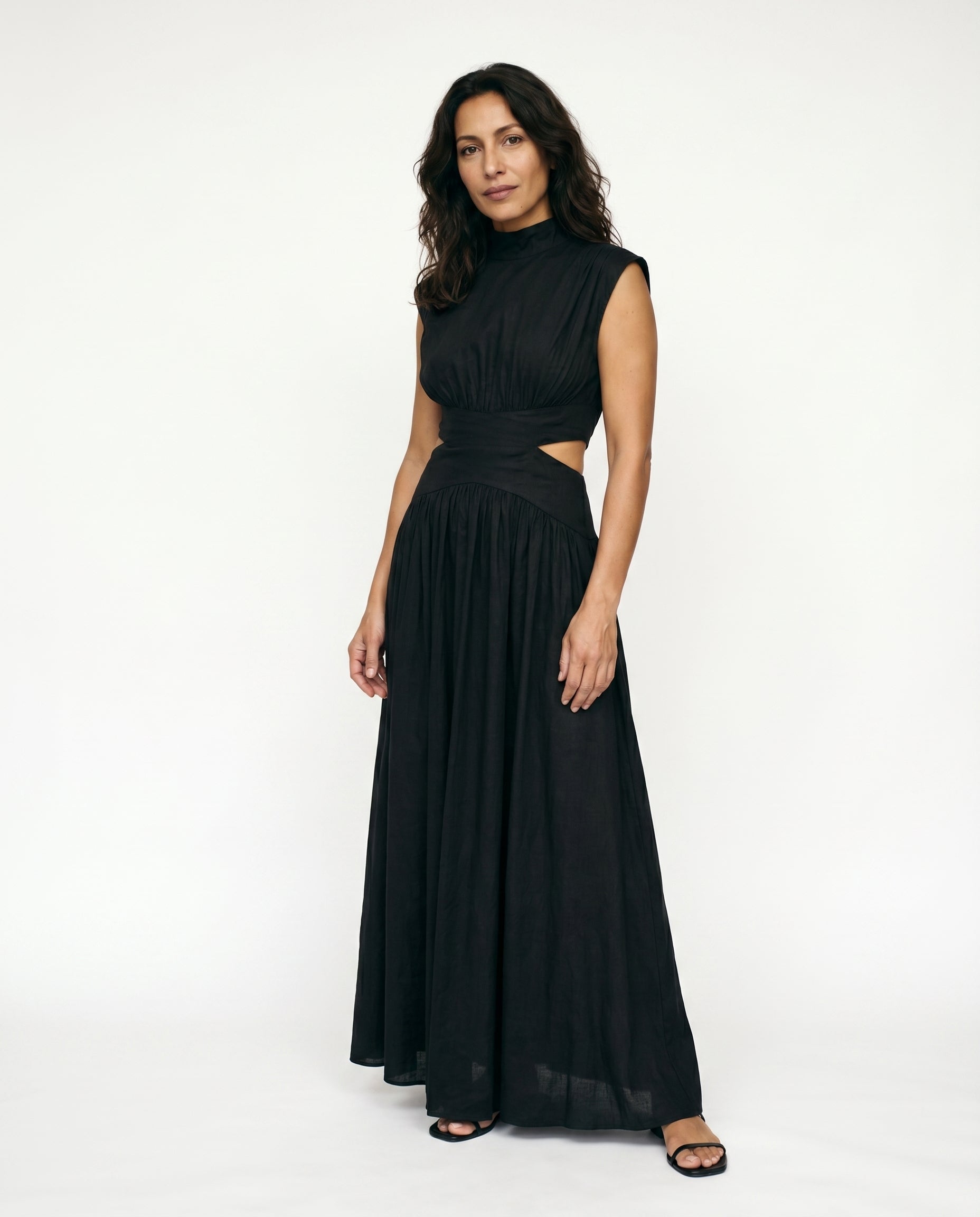Cutout Waist High Neck Maxi Dress in Black