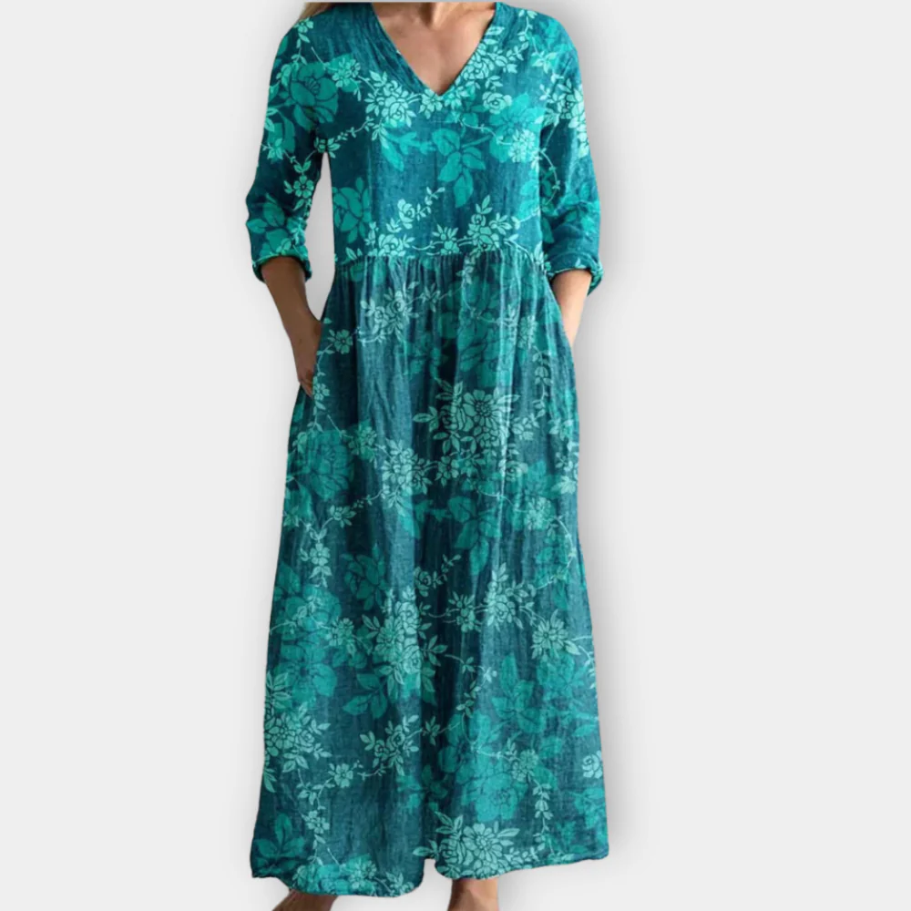Olive - Women's Floral V-Neck Maxi Dress