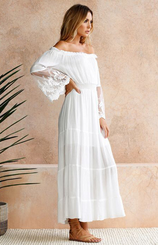 Adelaide - Women's Off-Shoulder Maxi Dress with Lace Sleeves and Tiered Skirt