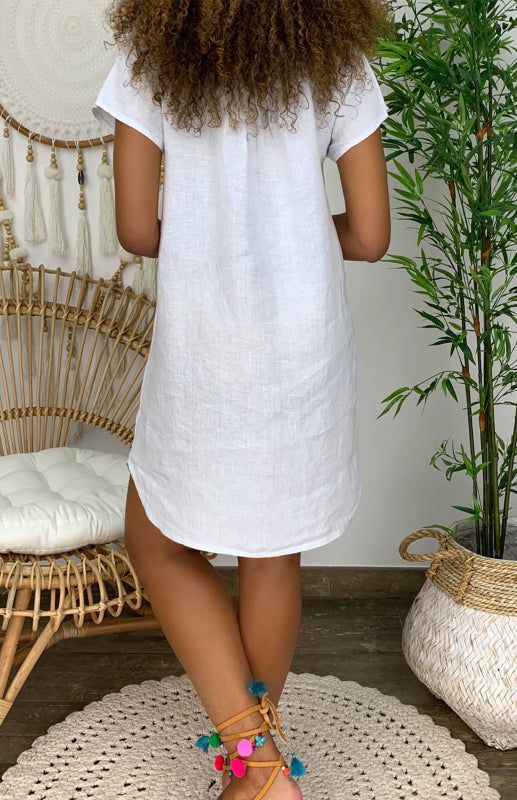 Lily - Abito da donna in lino con scollo a V, maniche arrotolate e orlo curvo