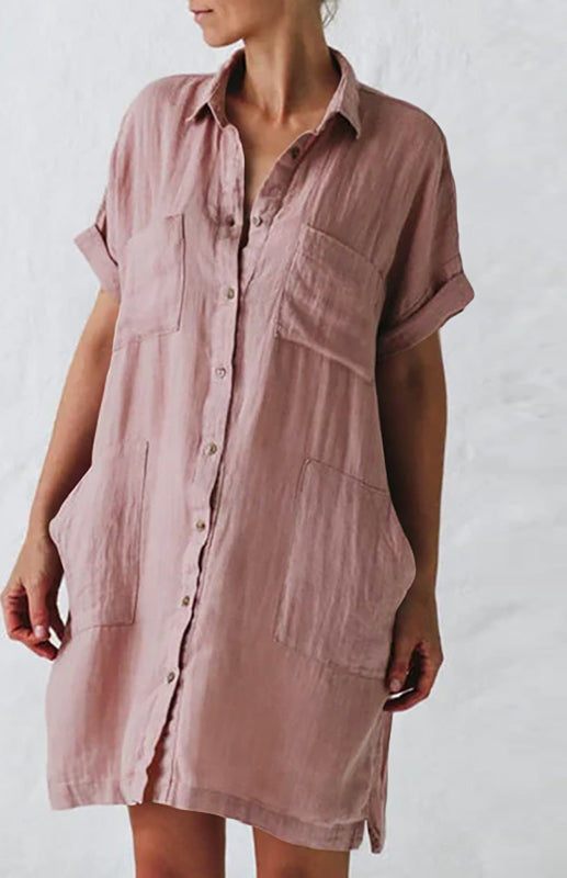 Jillian - Women's Button-Down Shirt Dress with Lapel Collar and Pockets (Plus Size Available)