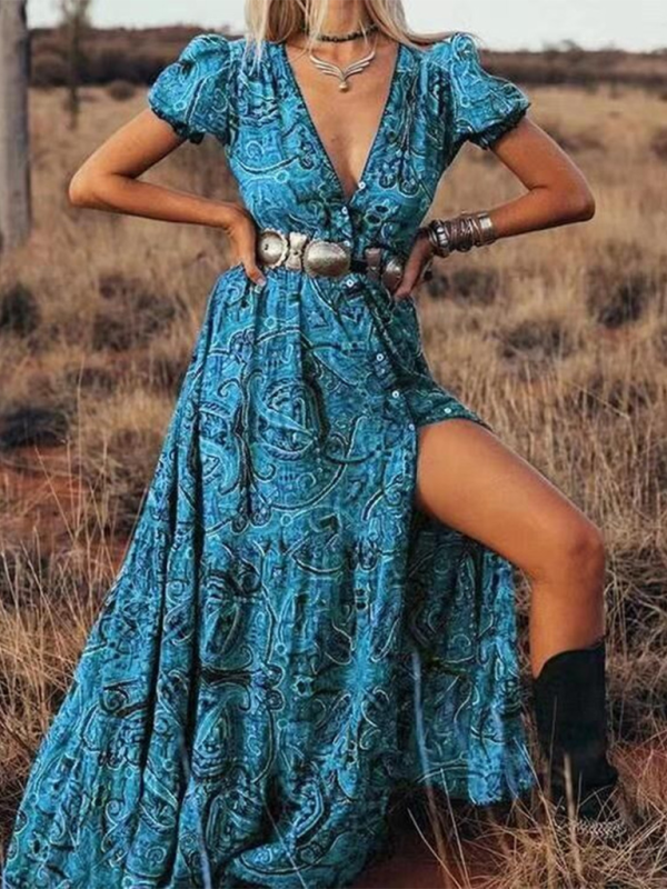 Coraline - Women's Bohemian Maxi Dress with Paisley Print and V-Neck
