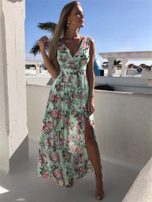 Greta - Women's Floral Print Maxi Dress with High Slit and Sleeveless Design