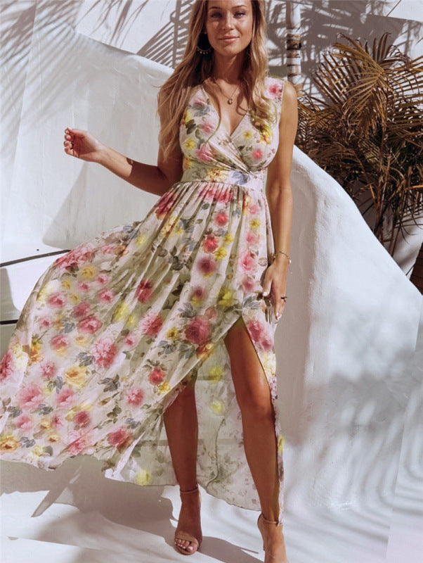 Greta - Women's Floral Print Maxi Dress with High Slit and Sleeveless Design